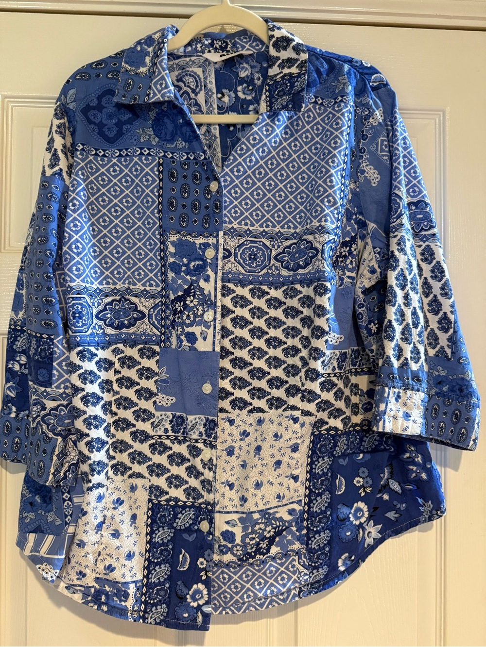 ALIA Blue Patchwork Bandana Paisley 100% Cotton Button Up Shirt Large